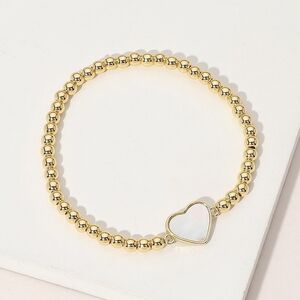 Gold Heart Mother Of Pearl Stainless Steel Metal Ball Beaded Pendant Bracelet